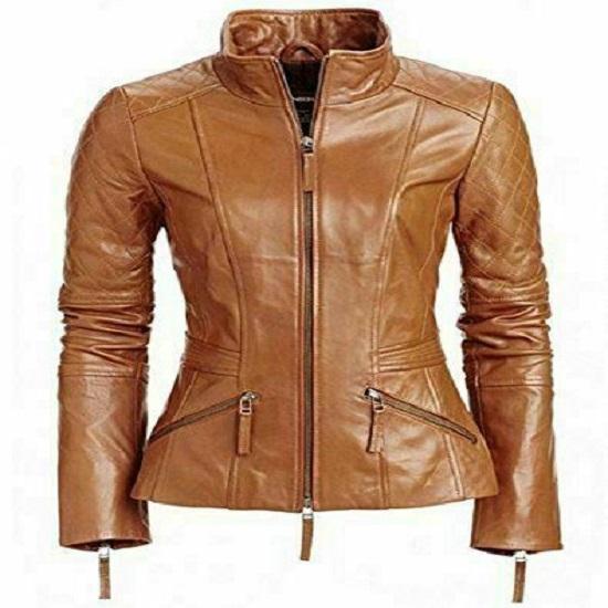 Noora Women's Tan Lambskin Leather Jacket, Quilted Design Motor Biker Leather Jacket, Western Style Leather Jacket