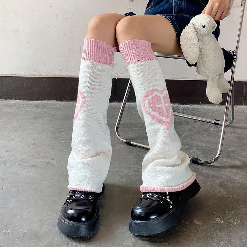 Y2K Lolita Leg Warmers Harajuku Women Winter Red Heart Print Cross Gothic Skull Halloween Skeleton Spider Web Knitted Leg Covers