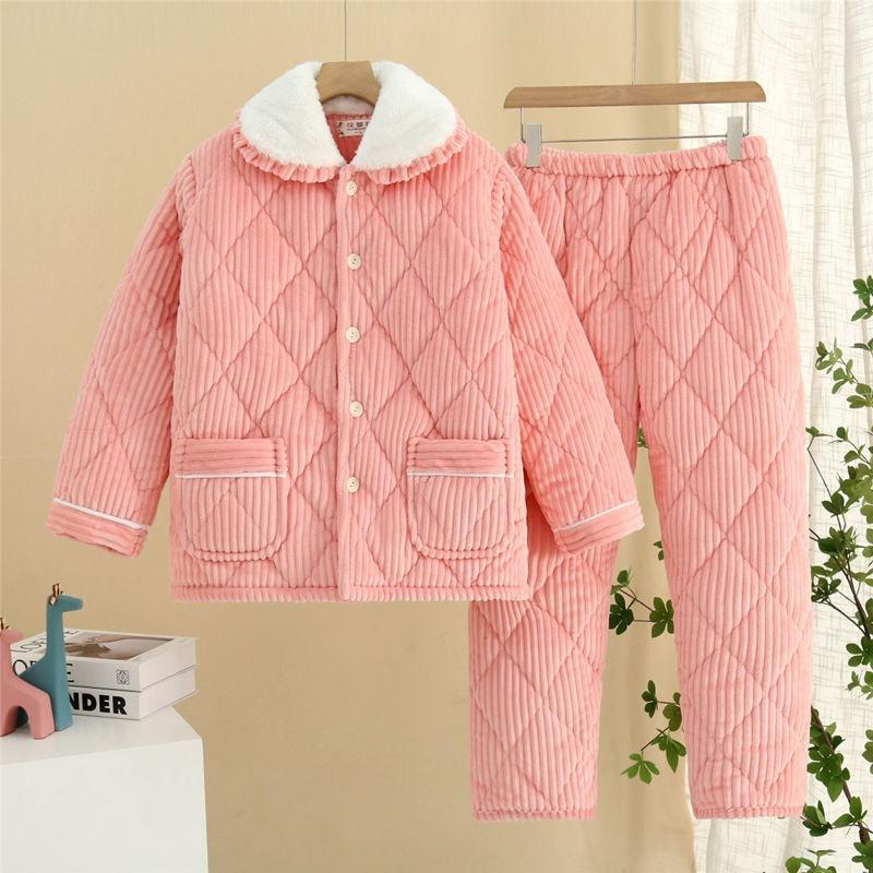 Thickened pajamas women's winter three-layer coral fleece padded cotton can be worn outside, plus sweet loungewear set