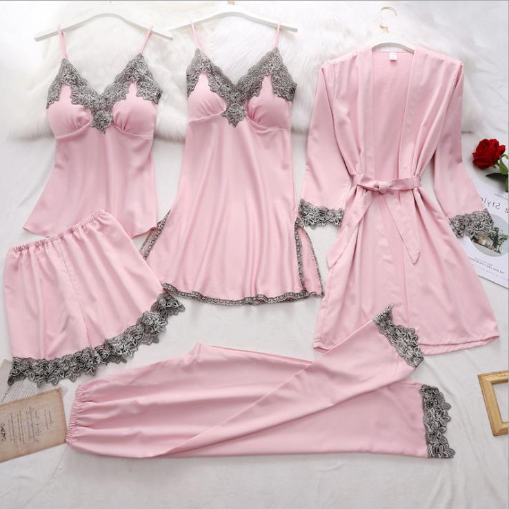 Chic Black Lace Trim 5-Piece Loungewear Set