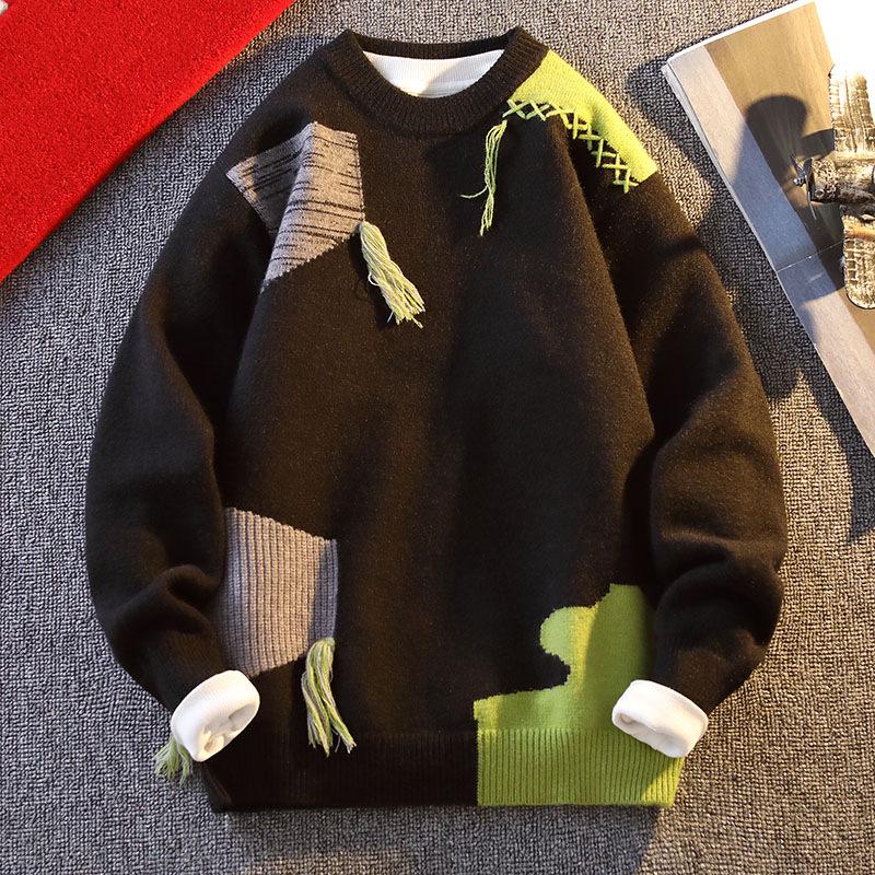 Men s 2025 New Style Korean Color-Block Round Neck Sweater - Trendy Youth Knitwear L