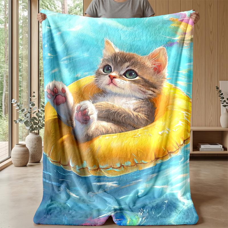 Cat Fishing Adventure blanket Personalized Name Flannel Blanket Soft Cozy Plush Throw for Sofa Bed Lightweight Home Decor