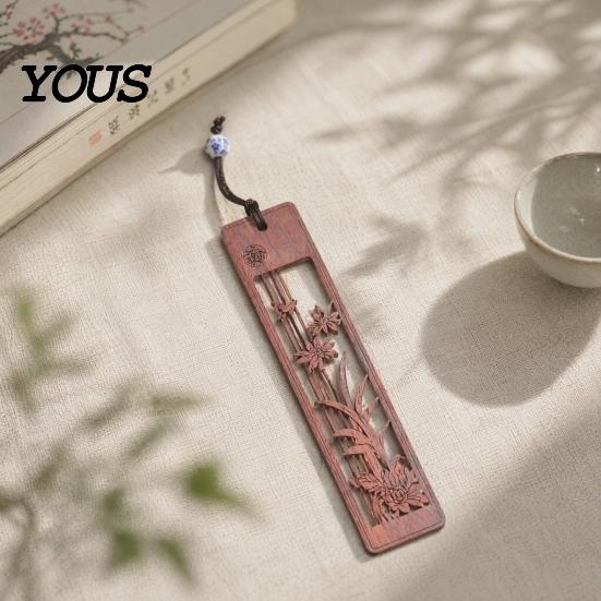 Thin Flat Bookmark Rosewood Bookmark, Plum Orchid Bamboo Chrysanthemum Carved Classic Seamless Page Marker Traditional Chinese Style Wood