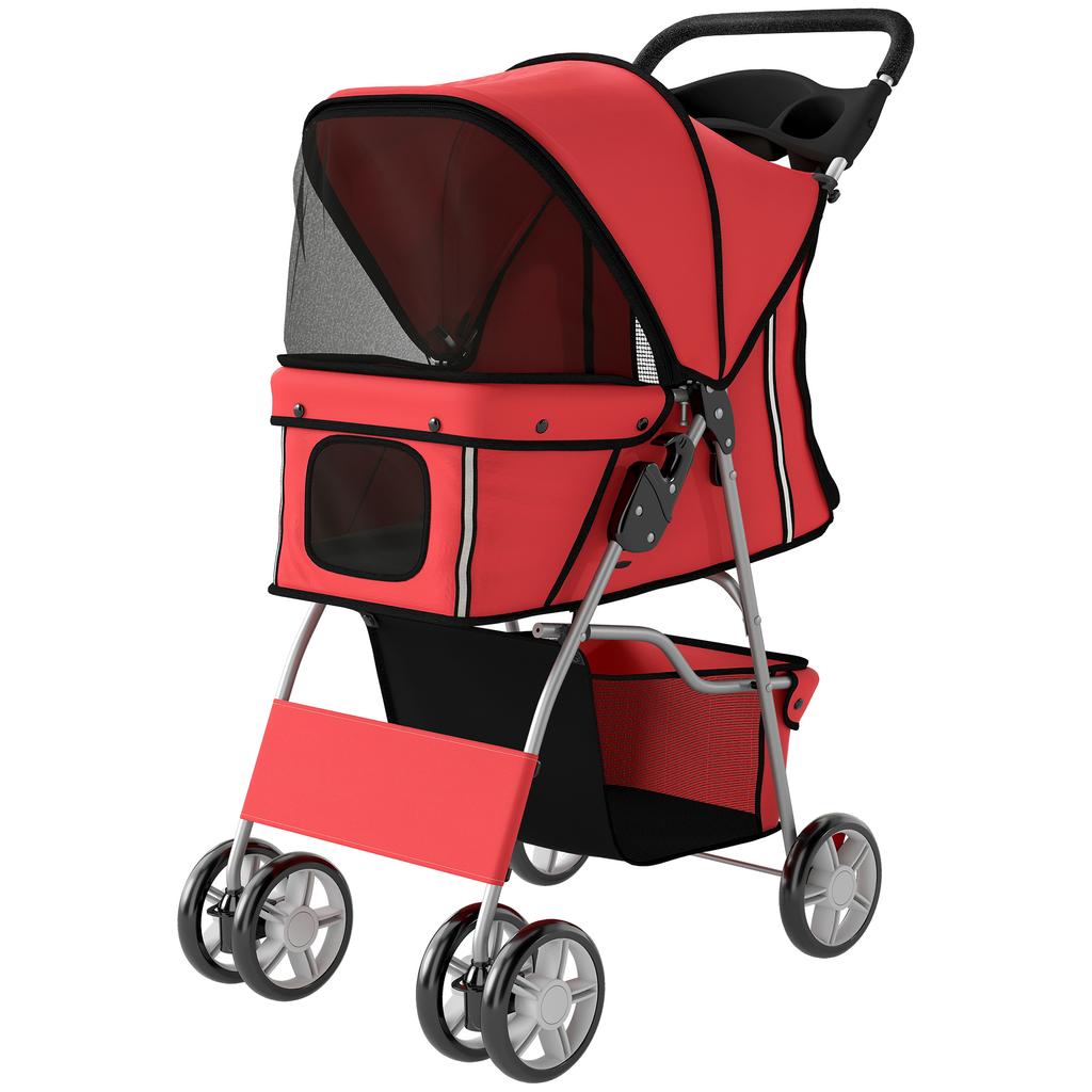 Dog Pram, Pet Stroller with Reflective Strips, Foldable Cat Stroller with 360 Degrees Swivel Wheels, Red