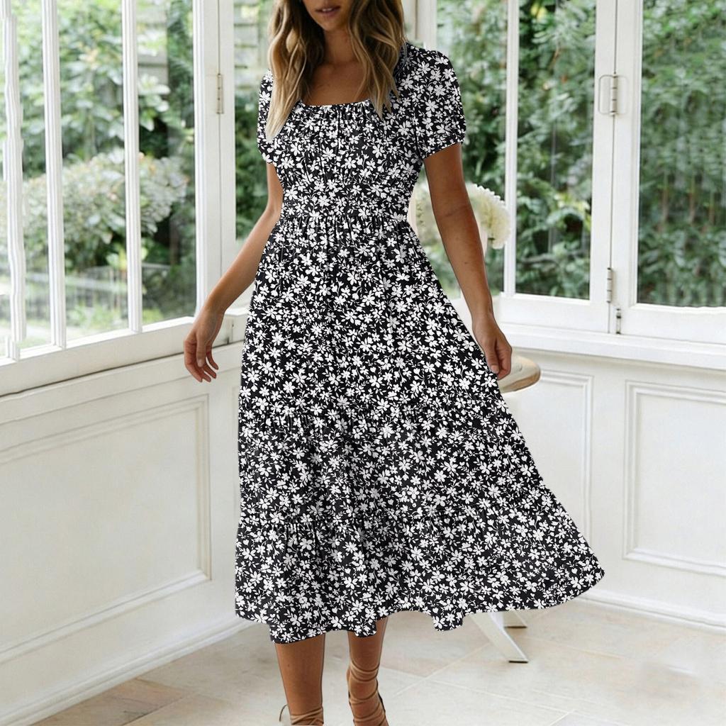 Abito Lungo Casual alla Moda da Donna con Scollo Quadrato, Maniche a Sbuffo, Stampa Floreale, Leggero Abito Midi Estivo con Vita Elastica e Gonna a Balze