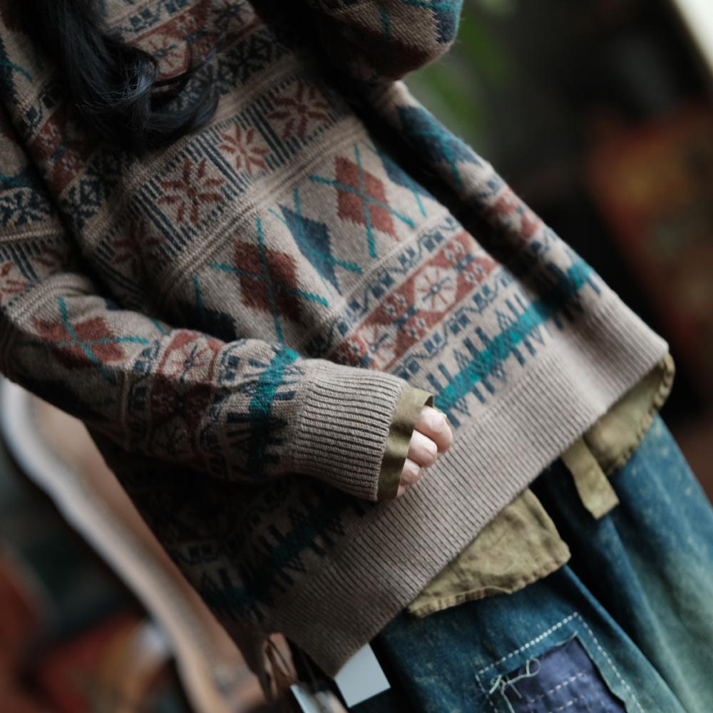 Johnature Dámské vintage pletené svetry s květinovým potiskem s kulatým výstřihem a dlouhým rukávem, podzimní měkké dámské svetry