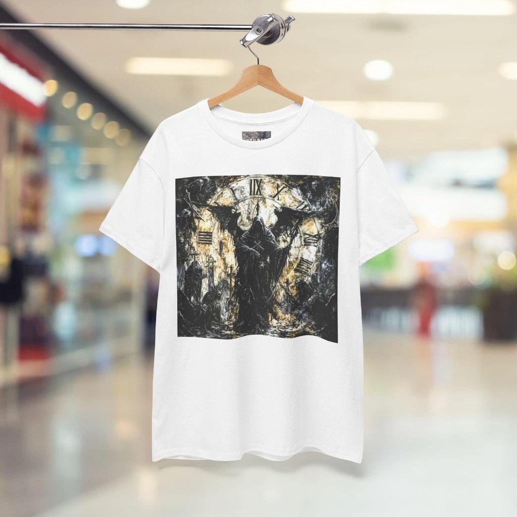 Grim Reaper Clock Gothic Art T-Shirt Dark Fantasy Horror White Tee - S198 M