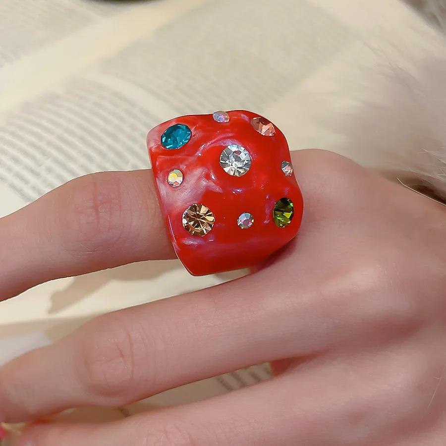 New Trendy Colorful Rhinestone Resin Finger Rings for Women Girls Sweet Chunky Irregular Geometric Rings Aesthetic Jewelry Gift