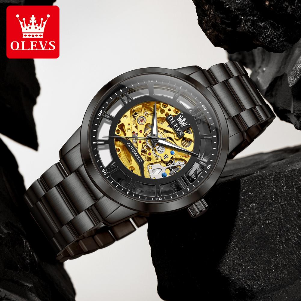 OLEVS Mens Watch Skeleton Automatic Mechanical Watch Stainless Steel Luminous Watches For Man Original Luxury Business Gifts
