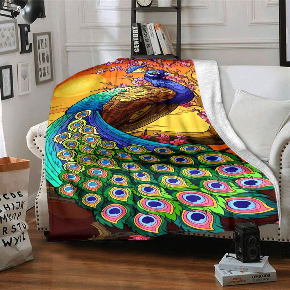 1pc Peacock Feather Blanket Lightweight Flannel Blanket Throw Blanket For Sofa, Bed, Travel, Camping Yy2509026210