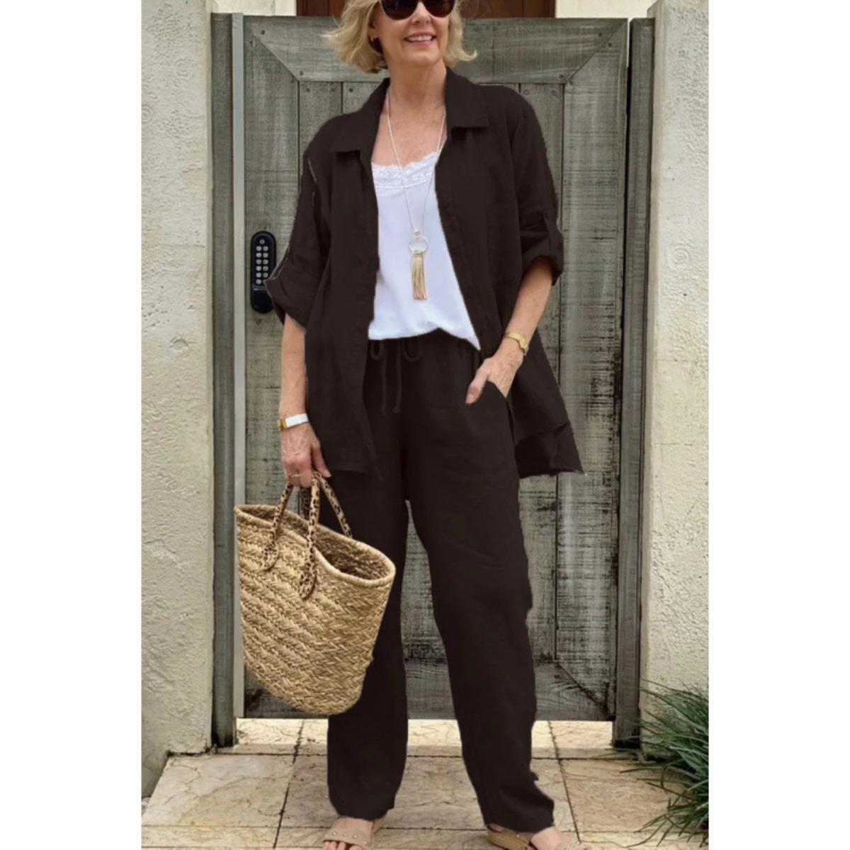 

Весенне-осенняя новая женская одежда, модный повседневный дизайн, кардиган, топ, брюки прямого кроя, высококлассный костюм-двойка 5XL чёрный