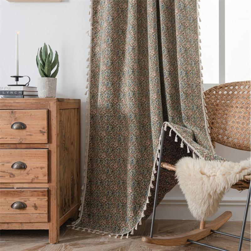 Jacquard Floral Bouquet Curtains - Semi-Sheer Kitchen Valance & Bay Window Drapes | Boho Tassel Trim Ready-Made Sheers (No-Sew Installation)