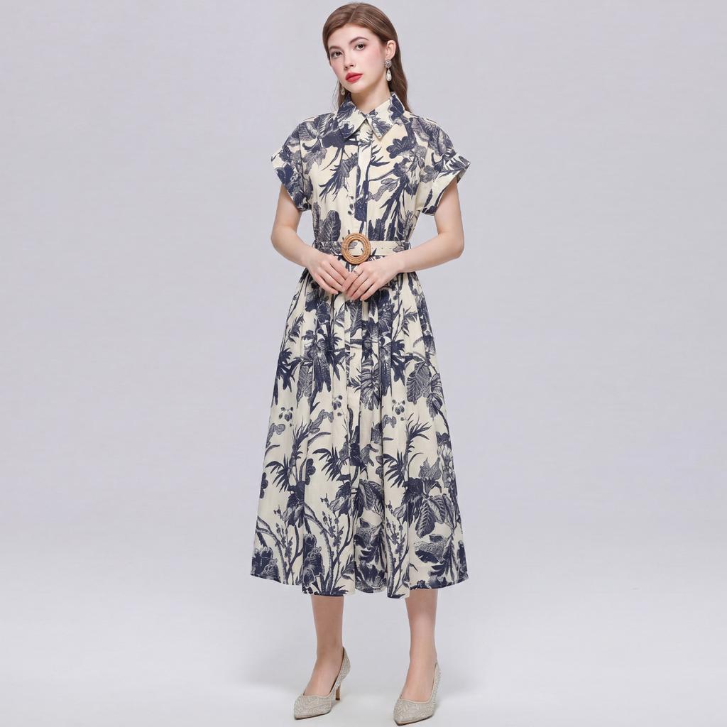 Summer Floral Print Shirt Dress for Women Short Sleeve Maxi Sundress with Lapel Neck Buttons Vintage Fashion Belted Robe