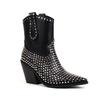 Fashion Brand Rhinestone/Rivet Color Blocking Western Short Boots Autumn Winter New 8cm Thick Heel Black Chelsea Women Boots Size 34-43