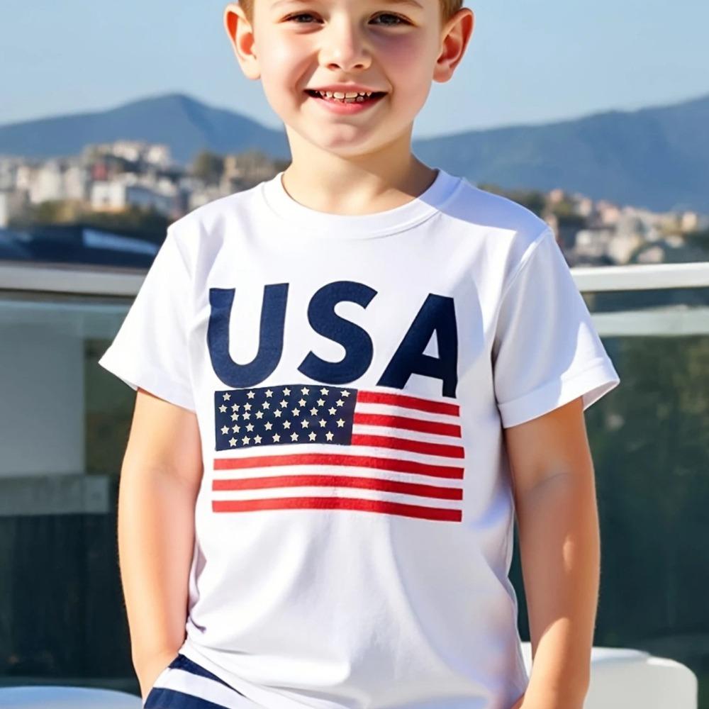

USA American Flag Graphic Printed Children T-shirt Independence Day Shirt Contracted Design Daily Life Casual Boys Girls Tshirt 110