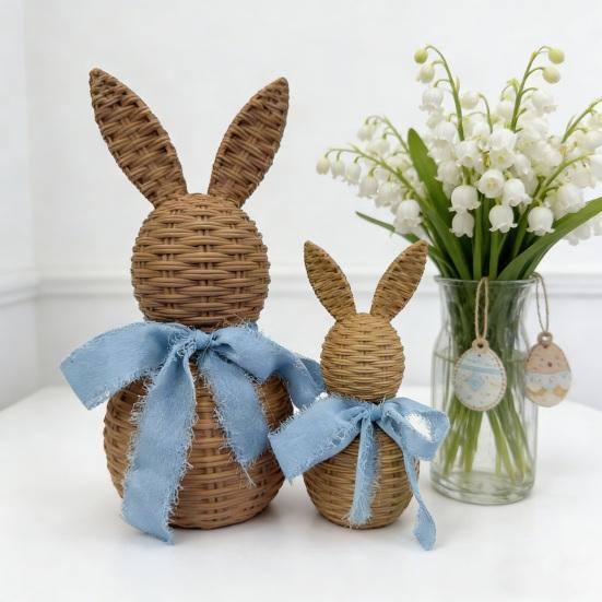 1 Paar Rattan-Optik Hasen-Dekorationsset Große Kleine Hasenstatue mit Schleifen-Dekor Frühlings-Tischdekoration Bauernhaus Heim Osterdekoration