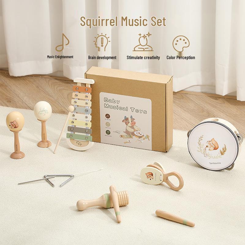 

Wooden Children s Musical Set: Squirrel Puzzle Glockenspiel, Drum & Sand Hammer Rattle