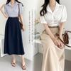 Long Short Sleeve Shirt Belted Puff Sleeve Slip Mixed Material Cute Casual Fashion [CCGGOWMM] Women's Dress, Dress, Dress, Dress, Dress, Dress,