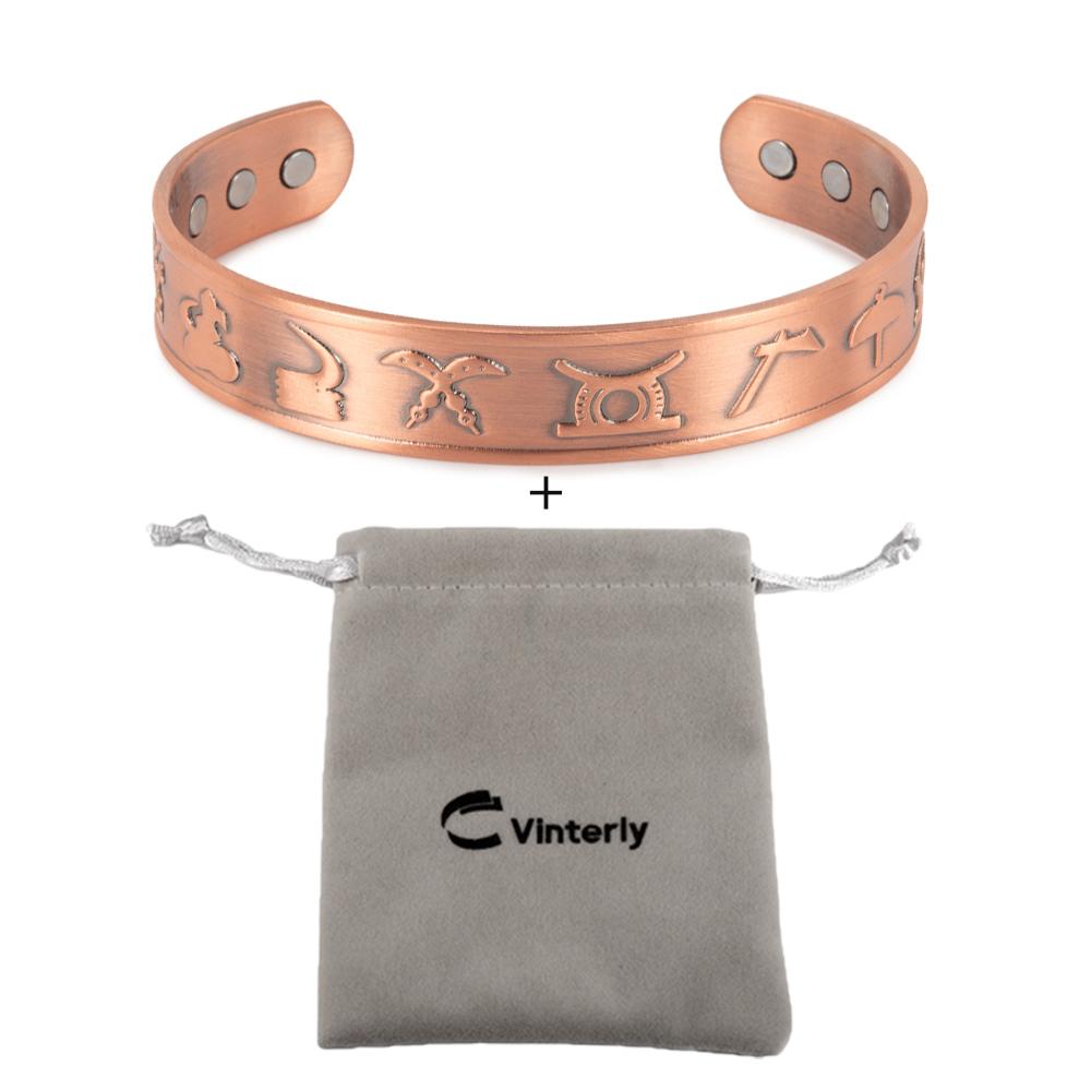 Vinterly Pure Copper Bracelets Magnetic Adjustable Bangles Open Cuff Vintage Ancient Symbols Health Energy Jewelry Resizable