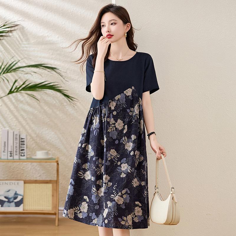 

Платье из принтованного хлопка и льна, женское летнее новое, с темпераментным дизайном, свободное, скрывающее живот и стройнящее, уменьшающее возраст. 2XL тёмно-синий