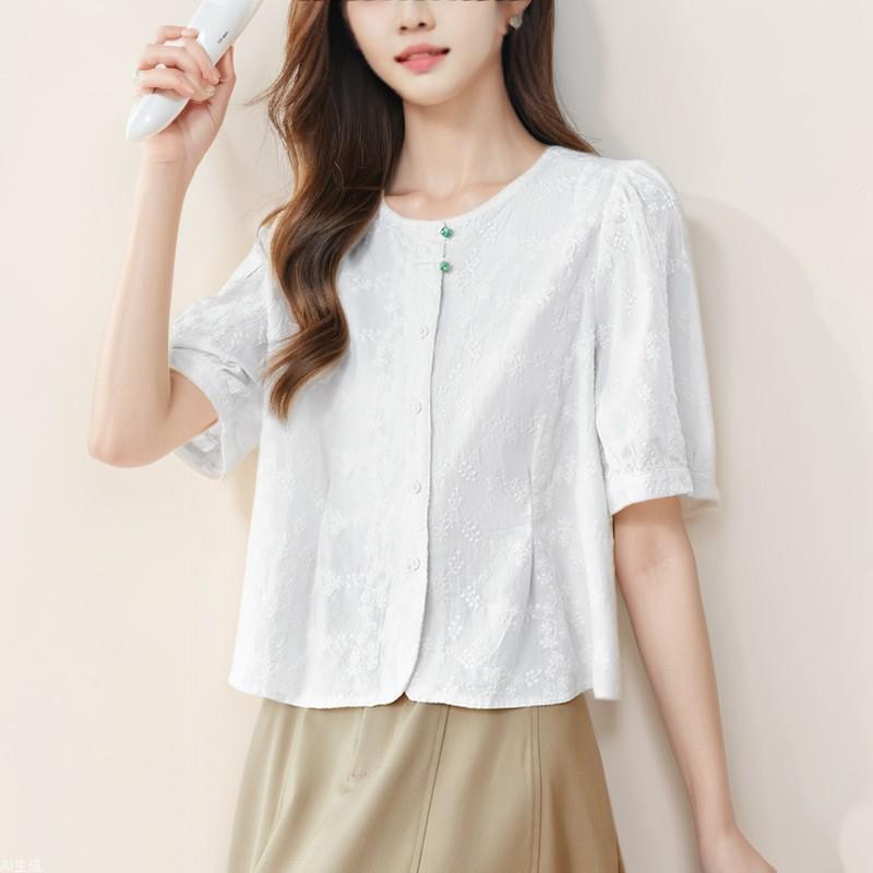 Crew Neck Embroidered Shirt Women's Short Sleeves Summer New Embroidered Top New Chinese Button Pure Cotton Shirt