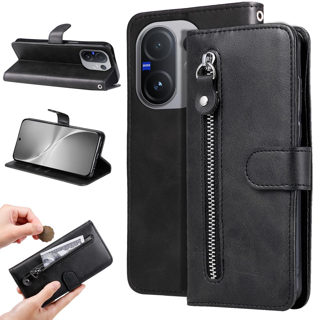 For Vivo V60 5G PU Leather Cases with Zipper Pocket Wallet Phone Cover Stand