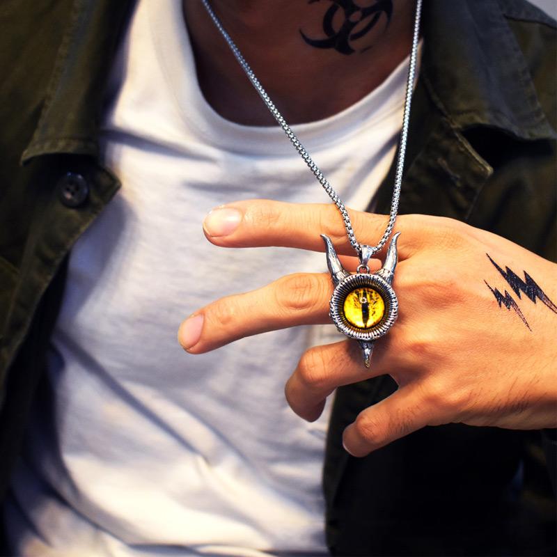 Vintage Lucifer Satan Stainless Steel Necklace Pendant Men Gothic Satan Demon Eye Pendant Punk Hip Hop Pagan Jewelry
