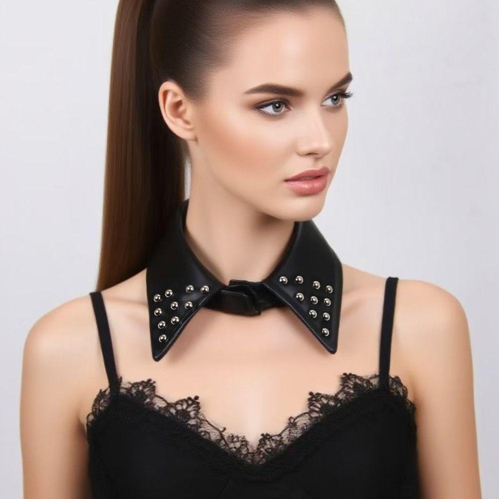 Detachable Black Leather Fake Collar Pu Punk Style Collar Cool Rivet Collar  Photo Props