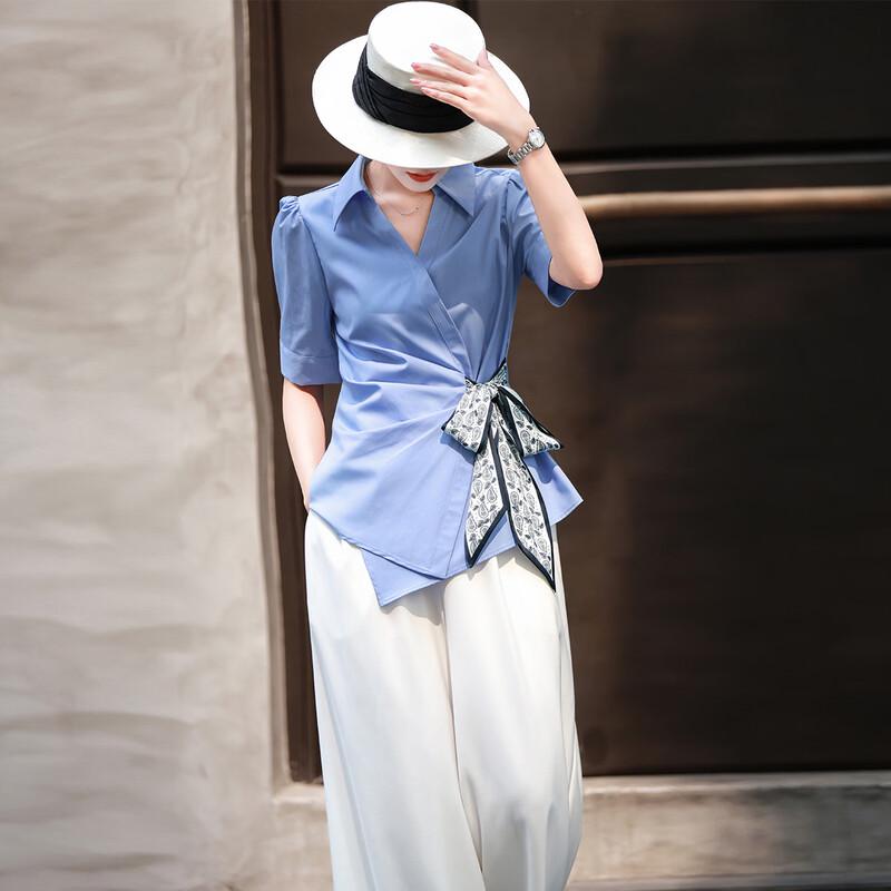 Women s Elegant Lyocell Blend Asymmetric Tie-Waist Half-Sleeve Blouse M