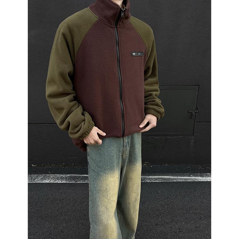 

Флисовый контрастный свитер с вставками, мужской осенне-зимний, с рукавами-реглан, воротником-стойкой, кардиган, подростковый флисовый топ 5XL