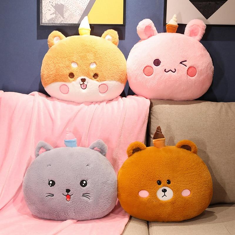 Plyšový ohřívač rukou s kresleným zvířetem, roztomilý králík, kočka, medvěd, shiba inu, pes, hračky Peluche, plněné měkké polštáře na pohovku