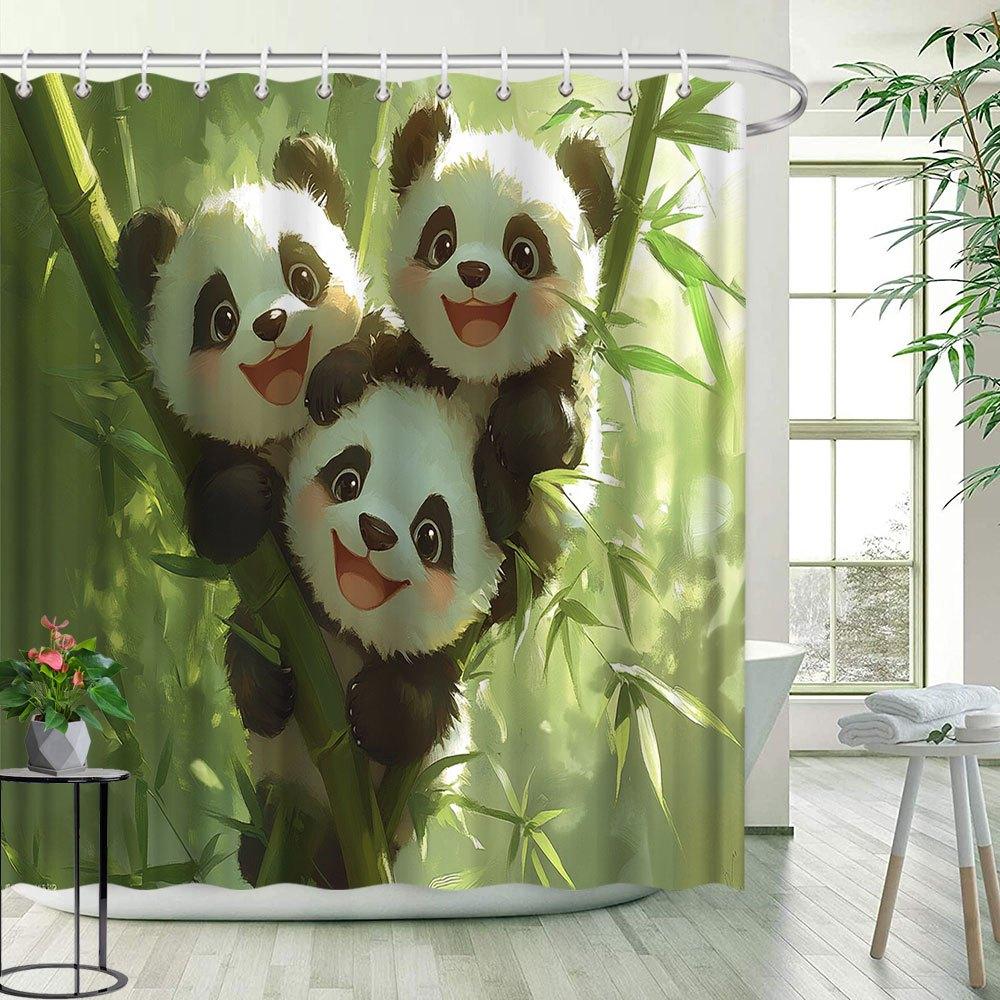 Cute Panda Shower Curtain - Triplet Pandas Climbing Bamboo, Fun Animal Pattern,Polyester Fabric,Includes 12 Hooks,Bathroom Decor
