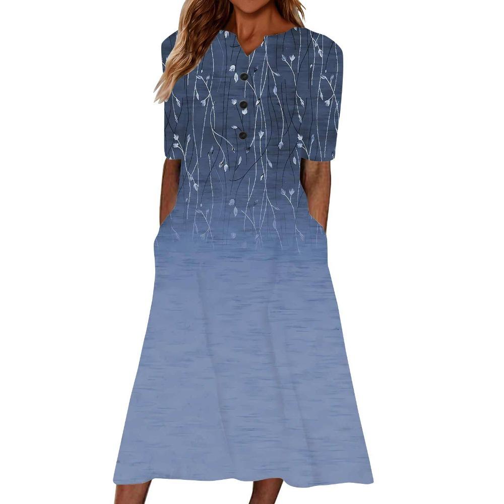 Women's V‑Neck Button Short Sleeve Midi Dress Loose Printed Casual Dress With Side Pockets