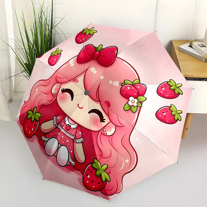 Strawberry-Themed Automatic Folding Umbrella with 3-Fold Design and Iron Frame - Perfect for Fans, Travelers, and Daily Use!0104307a