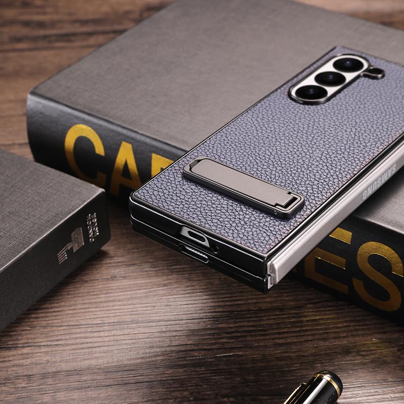 For Samsung Galaxy Z Fold 6 Case Luxury Lichee Pattern PU Leather Metal Back Kickstand Protective Folding Cover for Z Fold 6