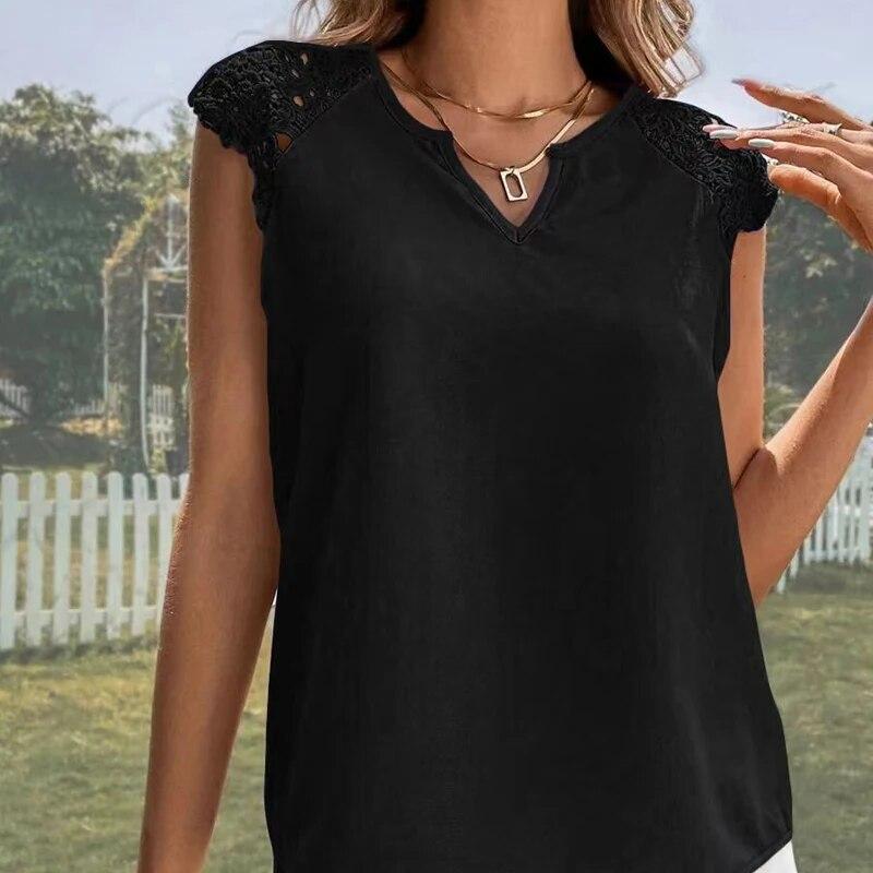 2023  V-neck Patchwork Lace Sleeve Blouse Women Fashion Casual Vest Tops Woman Hollow Out Loose Simple Ladies Shirts 30611
