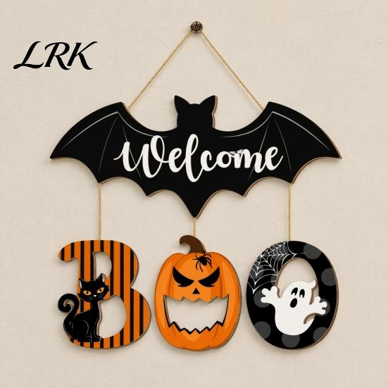 Wooden Boo Welcome Plaque Halloween BOO Door Sign, Spooky Bat Hanging Ghost Pumpkin Creative Holiday Hanger Black Cat Ornaments for Front Window Party
