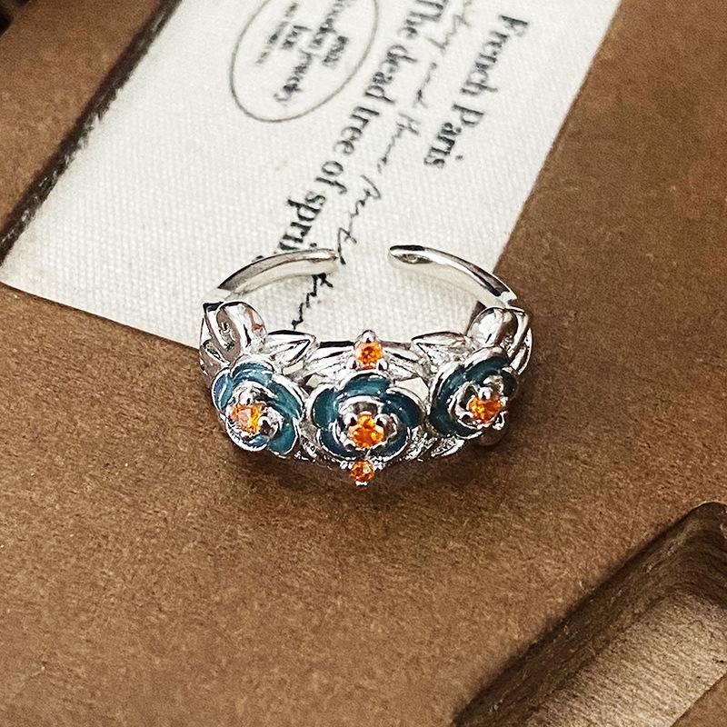 Flowers Are Like Brocade~ Medieval Vintage Hollow Zircon Flower Row Ring Opening Ring Enamel Light Luxury Noble Diamond