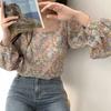 Cute Top Floral Print Young Square Neck Puff Sleeve Lovely Ladies Blouse for Work
