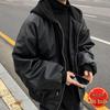Men's American High Street Rapper Style PU Leather Hooded Jacket - Casual, Loose Fit, Cotton-Insulated Motorcycle Outerwear