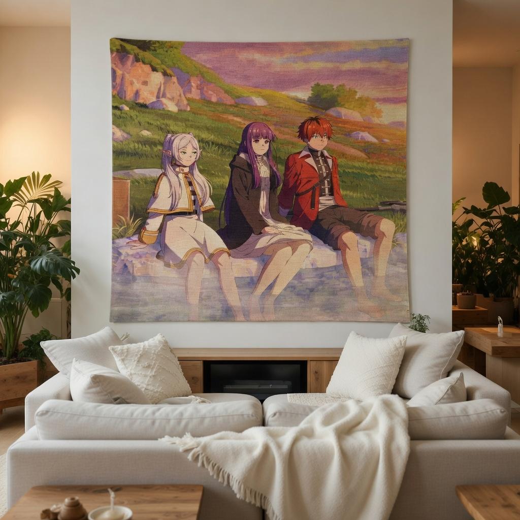 Anime Tapestry Wall Hanging Aesthetic Room Decor Fantasy Trio Meadow Sunset Art Cloth Backdrop Manga Inspired Cool Gifts