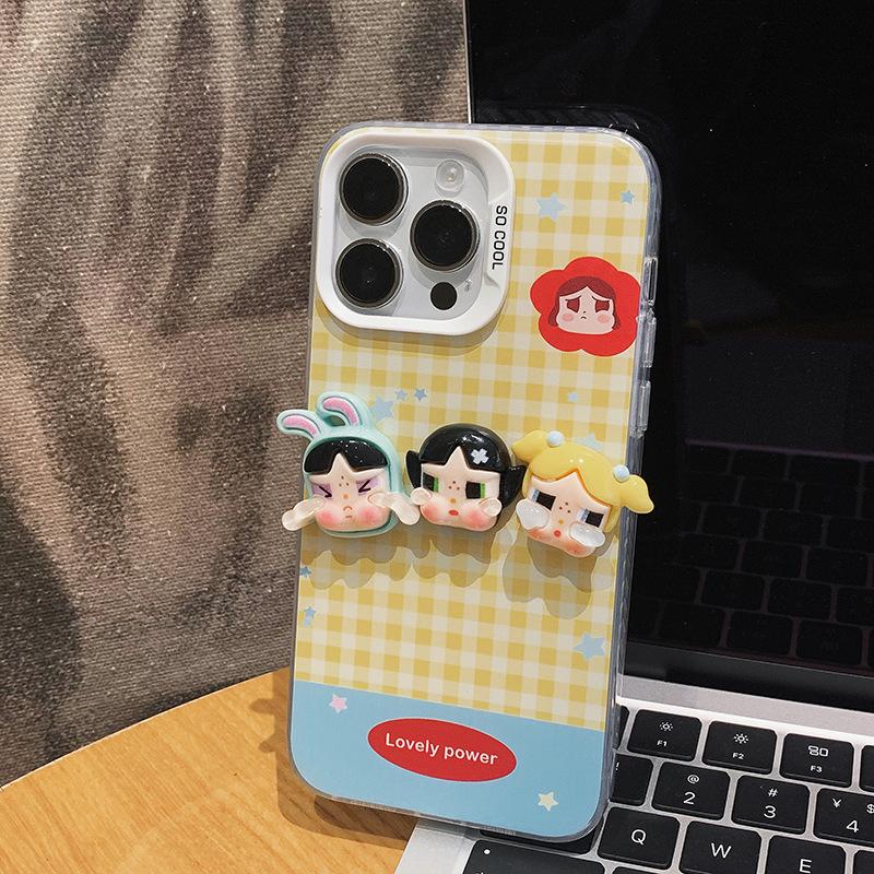 iPhone 16 Pro Max Silver Plaid Crying Doll Phone Case (Compatible with iPhone 13-15, 17 Colors, Cute Design)