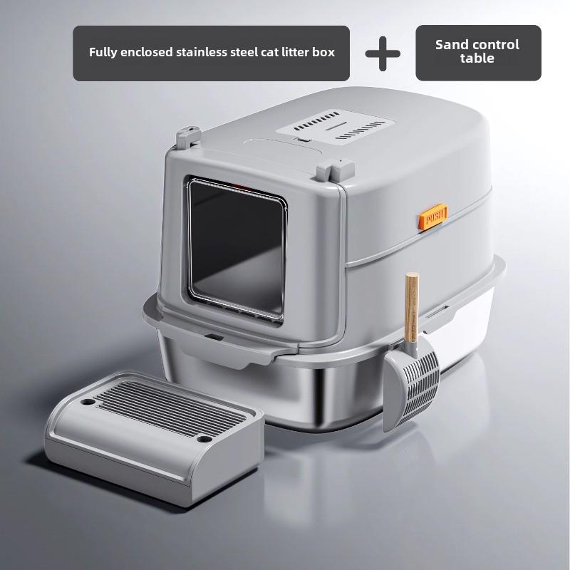Fully Enclosed Cat Litter Box Stainless Steel Cat Toilet Odor Proof and Splash Proof Pet Bedpans Easy Lift Lid Cats Sandbox