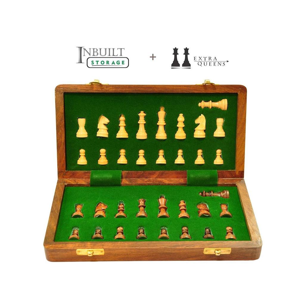 12 Inches Wooden Handmade Foldable Magnetic Chess Board Set with Magnetic Pieces and Extra Queens for 2 Players for Kids and Adults