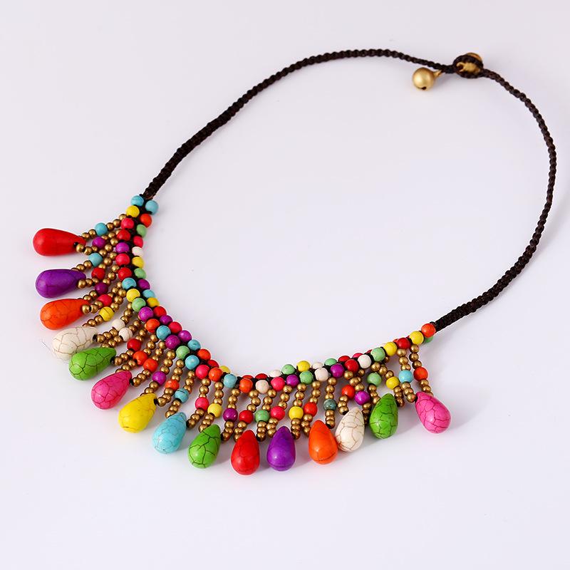 Bohemian Style Turquoise Hand Woven Short Necklace, Full of Sincere Jewelry, Water Droplet Pendant, Collarbone Chain