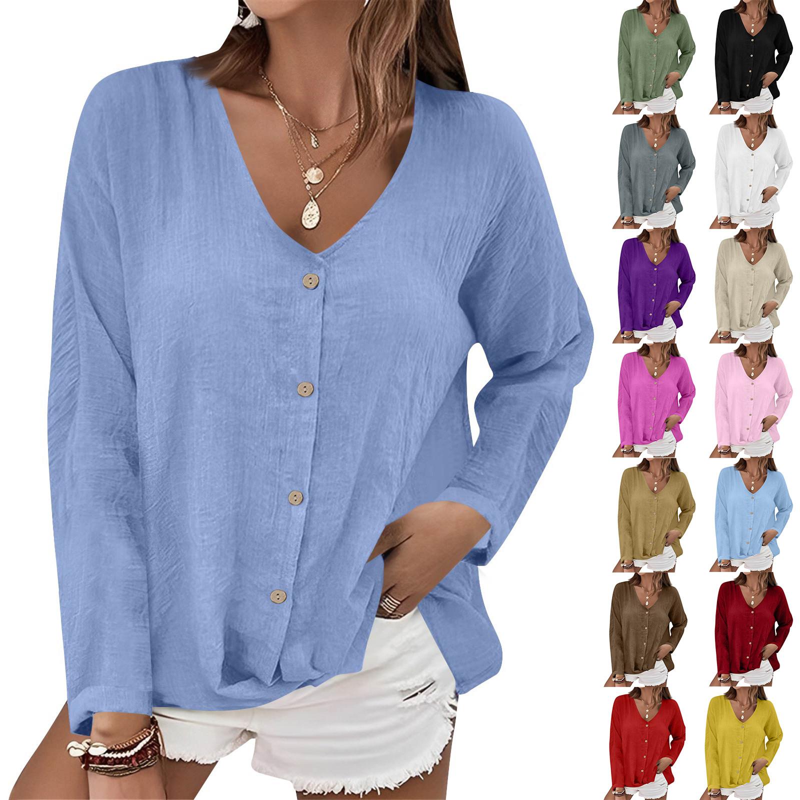 

Women s Fashion Casual Solid Color V-Neck Live Button Long Sleeve T-Shirt Top XXL бежевий