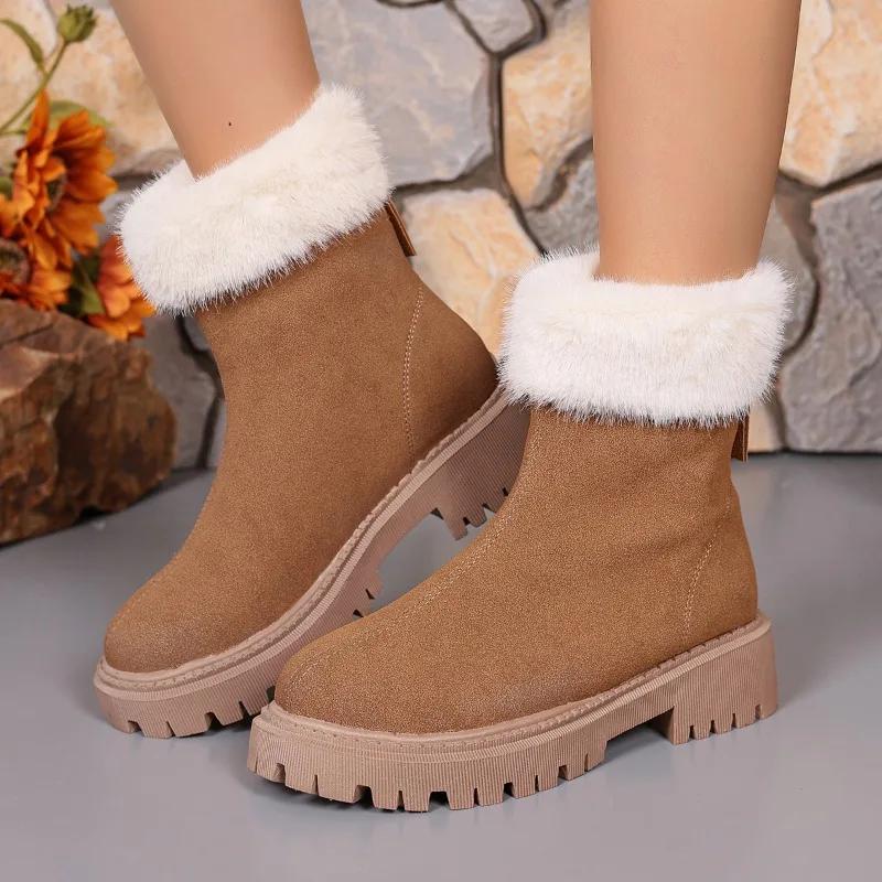 Fashion Winter New Thick Heel Cotton Boots Women's Round Head Suede Back Zipper Thick Sole Anti-slip Wear-resistant Short Boots
