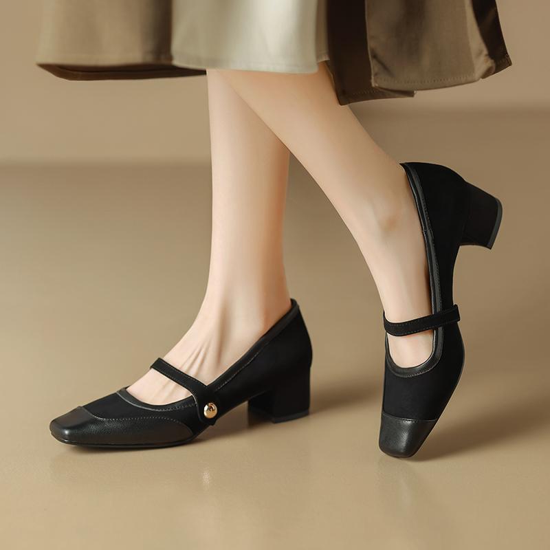 2024 New Women Shoes High-heel Concise Square Toe Buckle Strap Genuine Leather Soft Comfortable Shoes Woman Casual Working Shoes