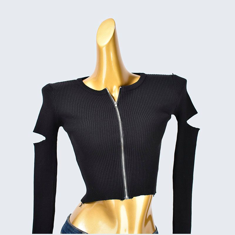Round Neck Zipper Short Tight Long Sleeves Broken Sleeve Stylish Solid Color Rib Fabric Knitting Tops Women's Clothing Cardigan Spring Women