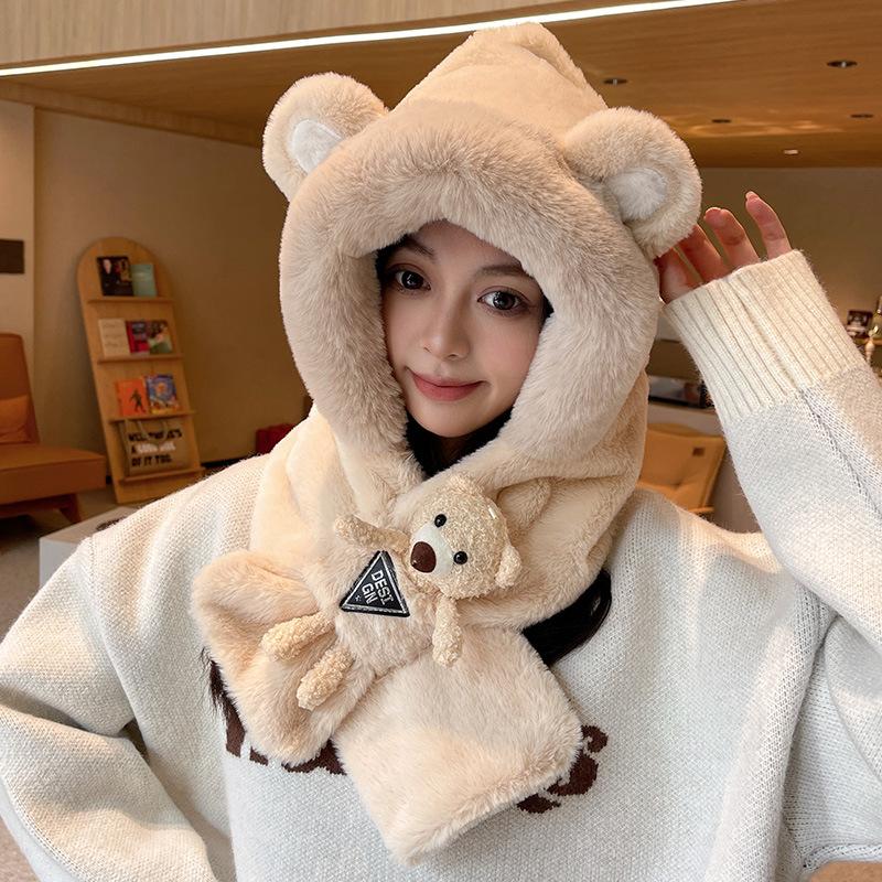 Doll bear hat scarf integrated schoolgirl cute warm winter plush scarf cover ear protection